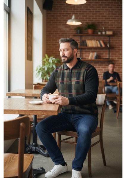 Erkek Çelik Örgü Ekose Desenli Gömlek Yaka Fermuarlı Polo Yakalı Tüylenmez Triko Kışlık Baba Kazak fiyatları