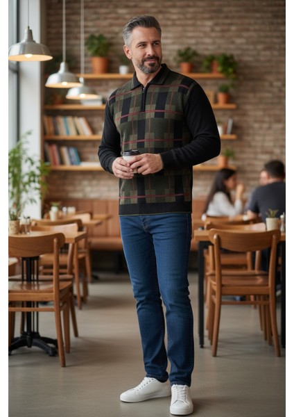 Erkek Çelik Örgü Ekose Desenli Gömlek Yaka Fermuarlı Polo Yakalı Tüylenmez Triko Kışlık Baba Kazak fırsatları