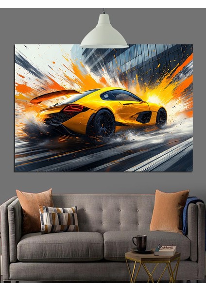 Hızlı Sarı Spor Araba Dekoratif Kanvas - Mdf Ahşap Tablo fiyatları