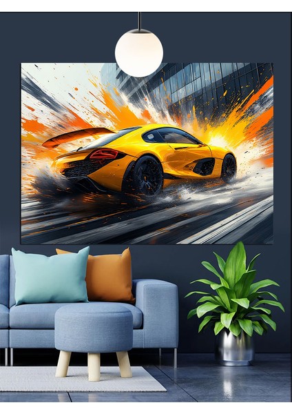 Hızlı Sarı Spor Araba Dekoratif Kanvas - Mdf Ahşap Tablo fırsatları