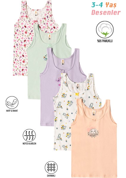 41600 5'li Paket Kız Çocuk Karışık Renkli Desenli Pamuklu Yumuşak Rahat Kalın Askılı Atlet