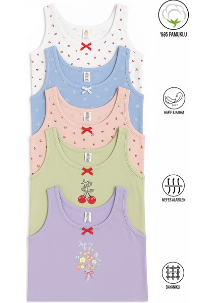Underwear Özkan 41600 5'li Paket Kız Çocuk Karışık Renkli Desenli Pamuklu Yumuşak Rahat Kalın Askılı Atlet