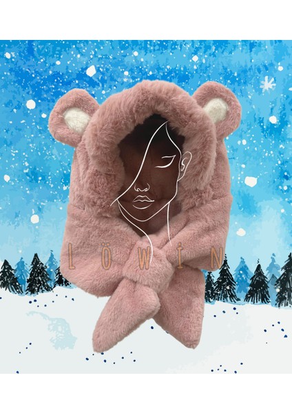 Kulak Detaylı Peluş Ikisi Bir Arada Bere ve Şal | Yumuşacık ve Sıcacık Kış Şapkası