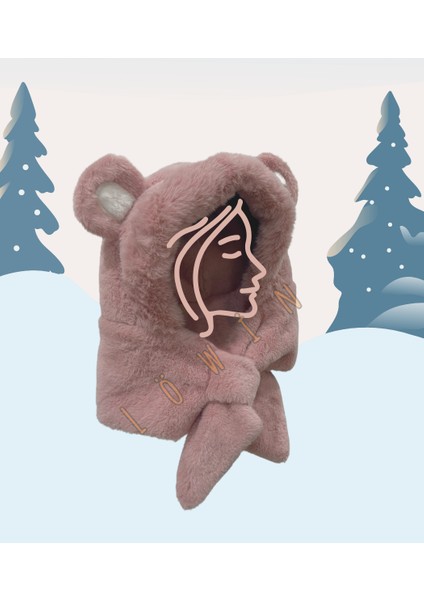 Kulak Detaylı Peluş Ikisi Bir Arada Bere ve Şal | Yumuşacık ve Sıcacık Kış Şapkası modelleri