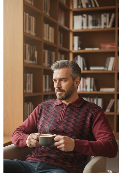 Erkek Çelik Örgü Ekose Desenli Gömlek Yaka Fermuarlı Polo Yakalı Tüylenmez Triko Kışlık Baba Kazak