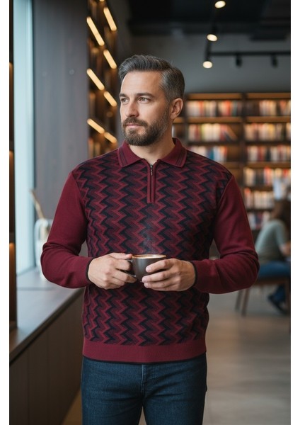 Erkek Çelik Örgü Ekose Desenli Gömlek Yaka Fermuarlı Polo Yakalı Tüylenmez Triko Kışlık Baba Kazak fiyatları