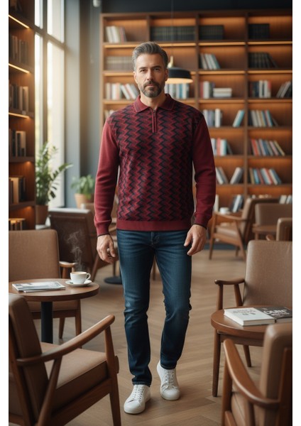 Erkek Çelik Örgü Ekose Desenli Gömlek Yaka Fermuarlı Polo Yakalı Tüylenmez Triko Kışlık Baba Kazak modelleri