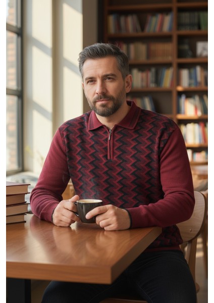 Erkek Çelik Örgü Ekose Desenli Gömlek Yaka Fermuarlı Polo Yakalı Tüylenmez Triko Kışlık Baba Kazak fırsatları