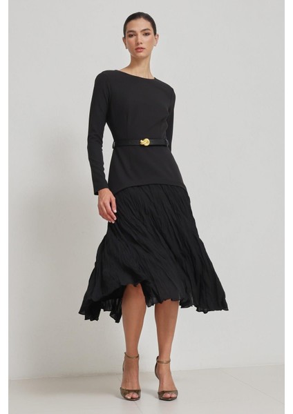 Siyah Kemer Detaylı Uzun Kollu Midi Elbise fiyatları