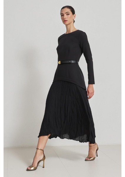 Siyah Kemer Detaylı Uzun Kollu Midi Elbise modelleri