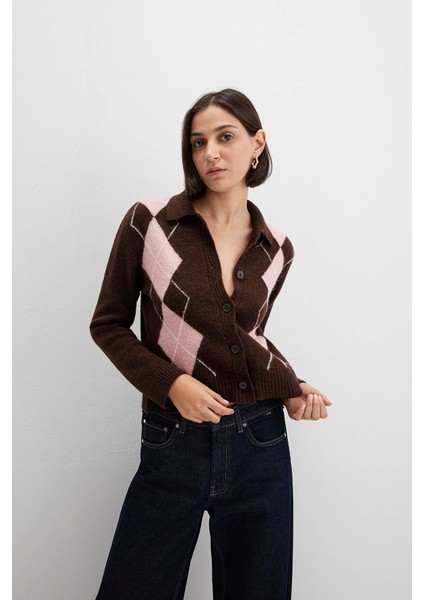 Erkek Yün Karışımlı Baklava Desenli Kahverengi Hırka 1710825-70244 fiyatları