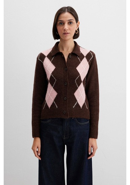 Erkek Yün Karışımlı Baklava Desenli Kahverengi Hırka 1710825-70244 modelleri