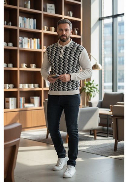 Erkek Çelik Örgü Ekose Desenli Gömlek Yaka Fermuarlı Polo Yakalı Tüylenmez Triko Kışlık Baba Kazak fiyatları