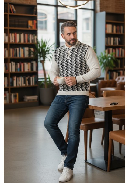 Erkek Çelik Örgü Ekose Desenli Gömlek Yaka Fermuarlı Polo Yakalı Tüylenmez Triko Kışlık Baba Kazak