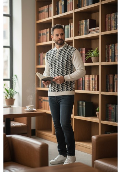 Erkek Çelik Örgü Ekose Desenli Gömlek Yaka Fermuarlı Polo Yakalı Tüylenmez Triko Kışlık Baba Kazak modelleri