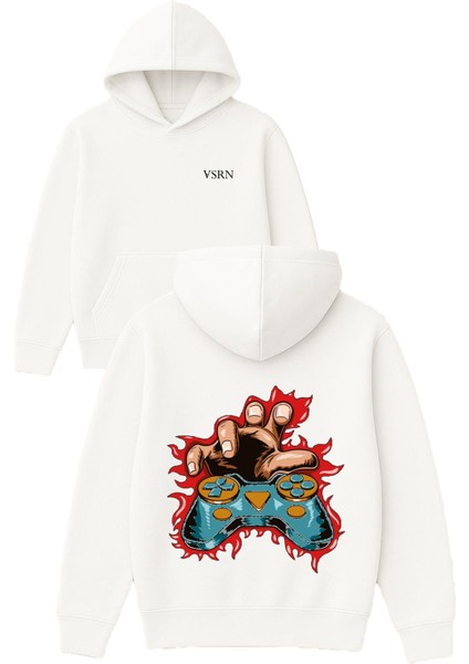 Oyun Kolu Tasarım Baskılı Oversize Beyaz Kapüşonlu Sweatshirt