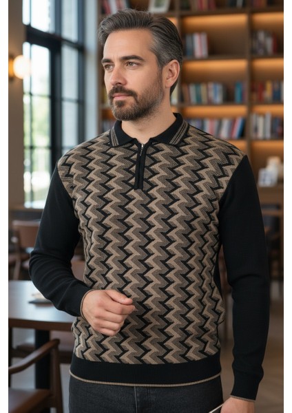 Erkek Çelik Örgü Ekose Desenli Gömlek Yaka Fermuarlı Polo Yakalı Tüylenmez Triko Kışlık Baba Kazak