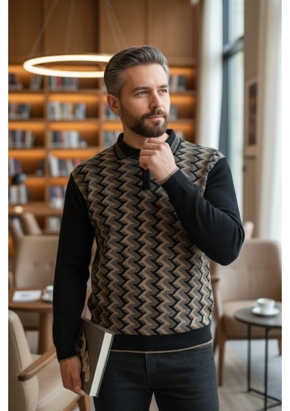 Erkek Çelik Örgü Ekose Desenli Gömlek Yaka Fermuarlı Polo Yakalı Tüylenmez Triko Kışlık Baba Kazak fiyatları