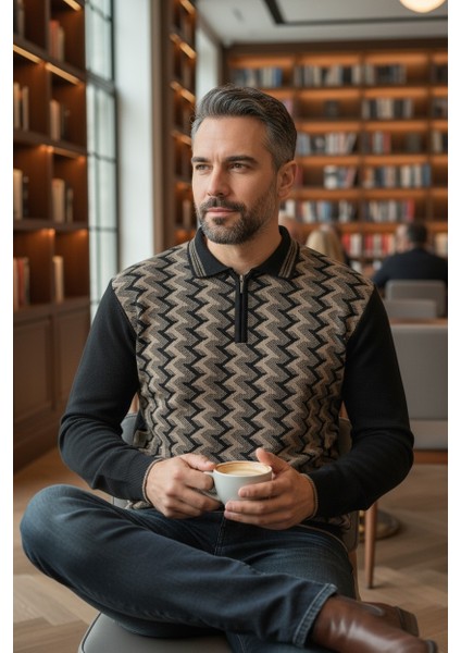 Erkek Çelik Örgü Ekose Desenli Gömlek Yaka Fermuarlı Polo Yakalı Tüylenmez Triko Kışlık Baba Kazak modelleri