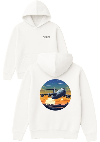 Uçak Tasarım Baskılı Oversize Beyaz Kapüşonlu Sweatshirt