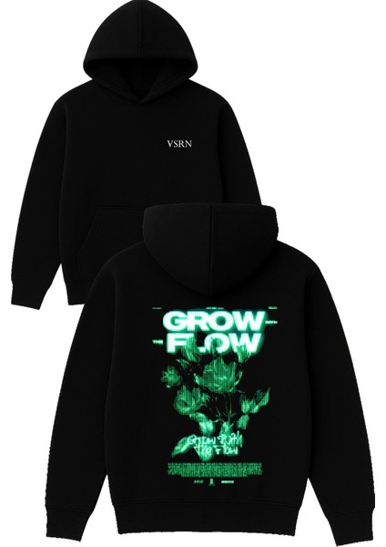 Grow Flow Tasarım Baskılı Oversize Siyah Kapüşonlu Sweatshirt