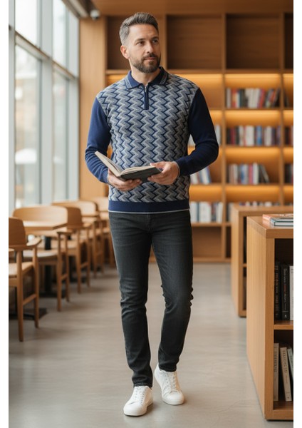 Erkek Çelik Örgü Ekose Desenli Gömlek Yaka Fermuarlı Polo Yakalı Tüylenmez Triko Kışlık Baba Kazak