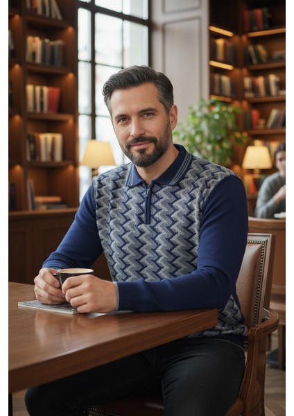 Erkek Çelik Örgü Ekose Desenli Gömlek Yaka Fermuarlı Polo Yakalı Tüylenmez Triko Kışlık Baba Kazak modelleri