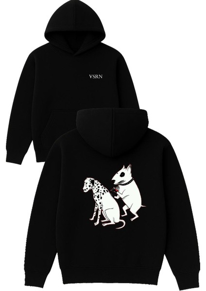 Tatto Dog Tasarım Baskılı Oversize Siyah Kapüşonlu Sweatshirt