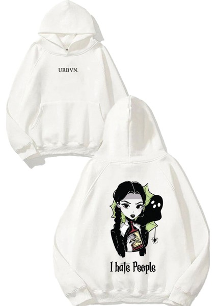 I Hate People Tasarım Baskılı Oversize Beyaz Kapüşonlu Sweatshirt