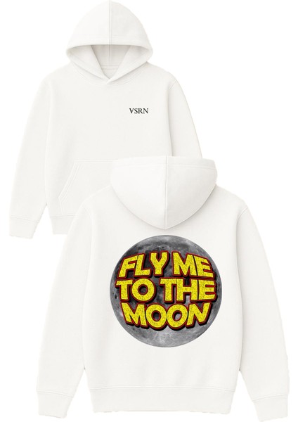 Fly Me To The Moon Tasarım Baskılı Oversize Beyaz Kapüşonlu Sweatshirt