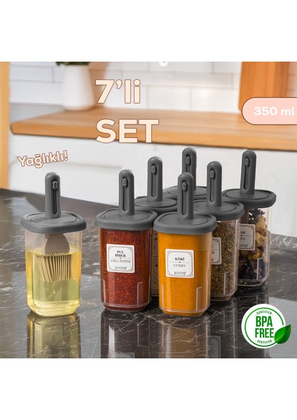 4364 7li Kaydırmalı Kaşıklı Sızdırmaz Kapaklı Etiketli Baharatlık Seti - Saklama Kabı