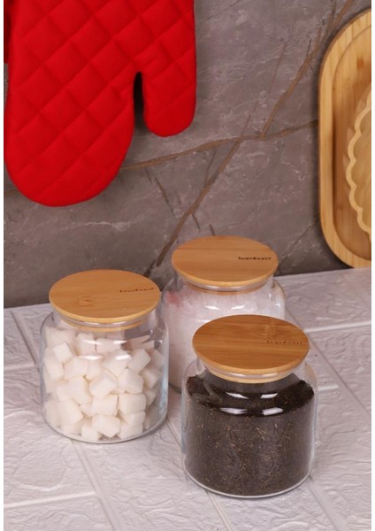 Zone - 3'lü Cam Saklama Kabı 600ML Vakumlu Bambu Kapaklı