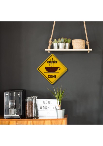 Coffee Zone Uyarı Levhası | 20X20 cm | Sarı Kahve Duvar Süsü modelleri