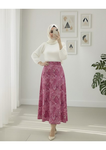 Beli Lastikli Etnik Desen Kloş Etek