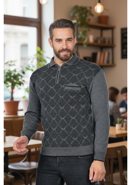 Erkek Çelik Örgü Gömlek Yaka Cepli Fermuarlı Polo Yakalı Ağdesen Tüylenmeyen Triko Kışlık Baba Kazak