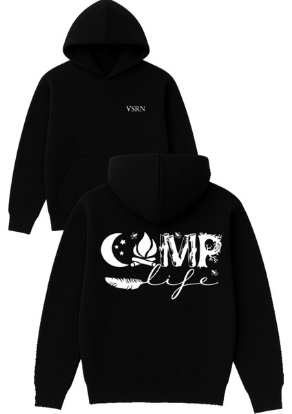 Camp Life Tasarım Baskılı Oversize Siyah Kapüşonlu Sweatshirt
