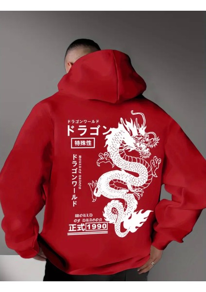 Büyük Beden Özel Tasarım Kapüşonlu Japon Ejderha Sırt Baskılı Oversize Erkek Sweatshırt