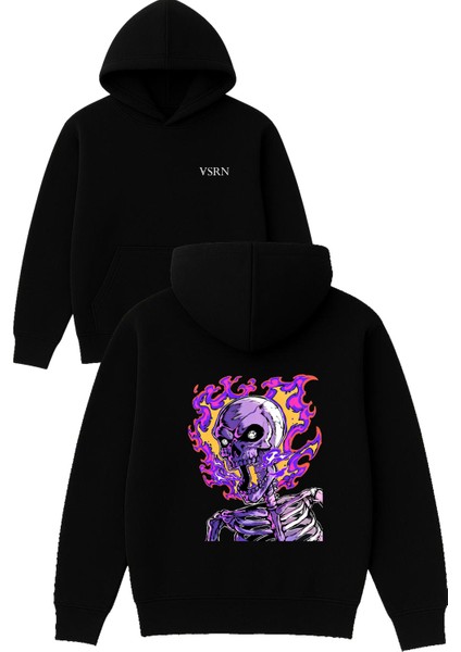 Yanan Kuru Kafa Tasarım Baskılı Oversize Siyah Kapüşonlu Sweatshirt