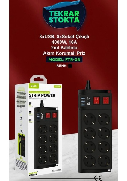 8’li Akım Korumalı Priz 3 USB Girişli 4000W 16A 2 Metre Kablolu Çoklu Priz