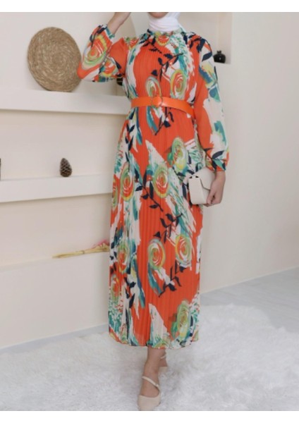Turuncu Desenli Pileli Kemerli Uzun Kollu Şifon Boydan Elbise fiyatları