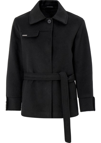 Gömlek Yaka Kuşak Detaylı Oversize Kısa Kaban SİYAH 3155