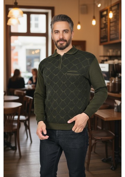 Erkek Çelik Örgü Gömlek Yaka Cepli Fermuarlı Polo Yakalı Ağdesen Tüylenmeyen Triko Kışlık Baba Kazak