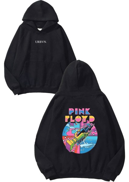 Pink Floyd Tasarım Baskılı Oversize Siyah Kapüşonlu Sweatshirt
