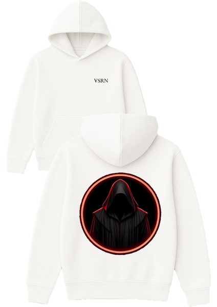 Yuvarlak Hayalet Tasarım Baskılı Oversize Beyaz Kapüşonlu Sweatshirt