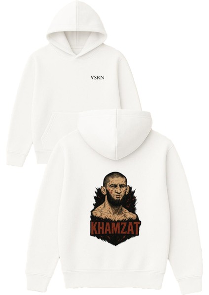 Khamzat Tasarım Baskılı Oversize Beyaz Kapüşonlu Sweatshirt