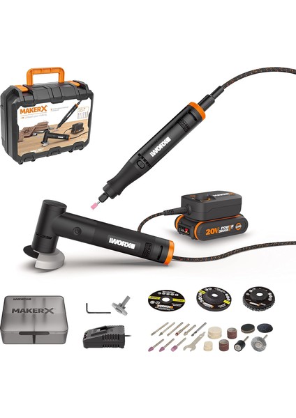 WX990 20VOLT 2.0AH. Kömürsüz Profesyonel Tipi Devir Ayarlı Gravür + 50MM Açılı Avuç Taşlama Kombo Set + 39 Parça Aksesuar