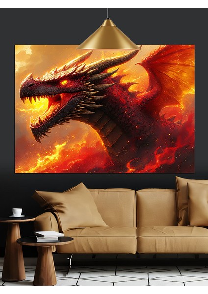 Öfkeli Ateş Saçan Ejderha Dekoratif Kanvas - Mdf Ahşap Tablo