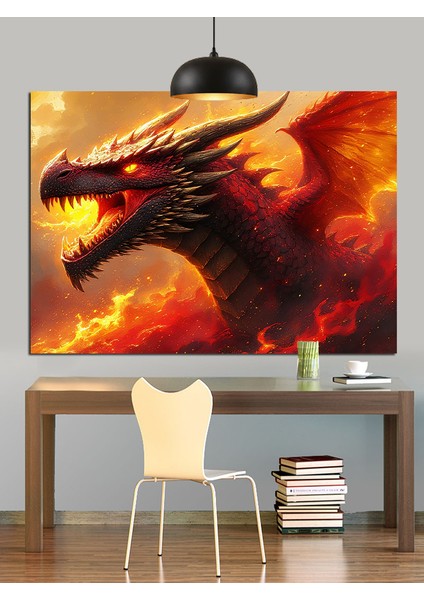 Öfkeli Ateş Saçan Ejderha Dekoratif Kanvas - Mdf Ahşap Tablo fırsatları