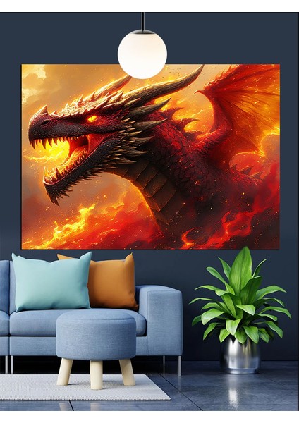 Öfkeli Ateş Saçan Ejderha Dekoratif Kanvas - Mdf Ahşap Tablo indirimleri