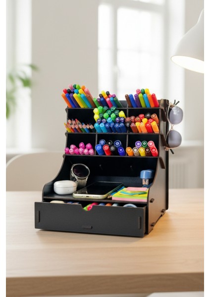 Coral 9 Gözlü Çekmeceli Masaüstü Ahşap Organizer Kalemlik- Takı Makyaj Çok Amaçlı Organizer